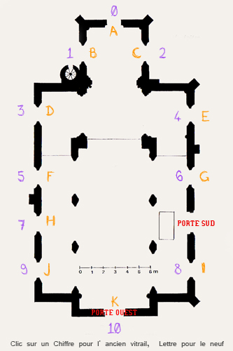 Cliquez sur un chiffre (en violet) pour voir l' ancien vitrail, et sur une lettre (en orange) pour voir le vitrail moderne chang en 2001. 